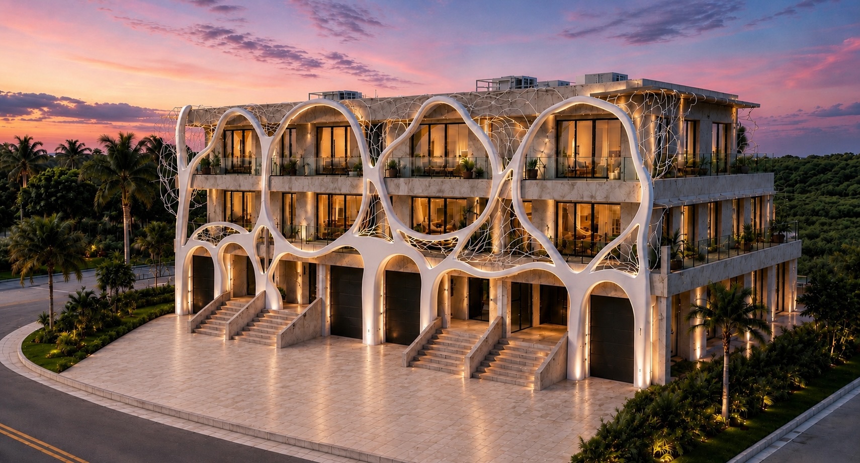 Facade of the Gaudí-inspired townhomes at dusk